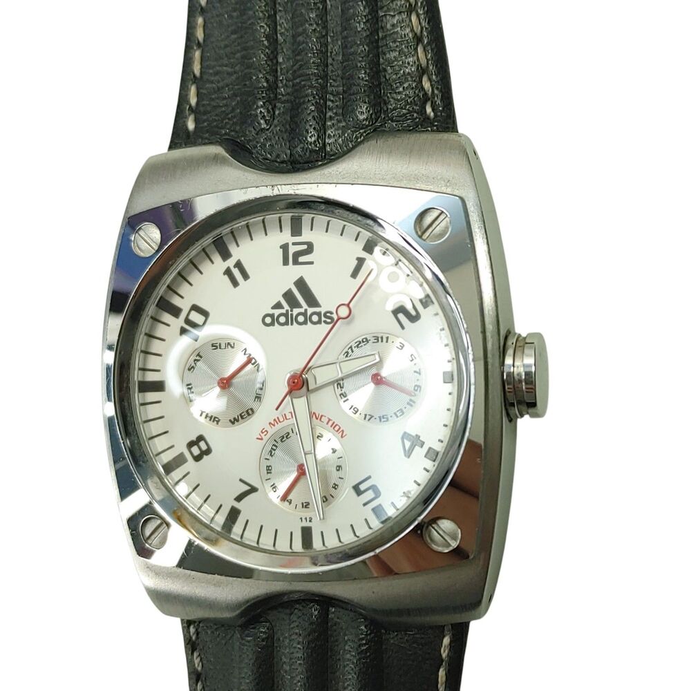 Adidas 10-5005 VS Multifunction Watch Silver White Dial Black Leather Band
